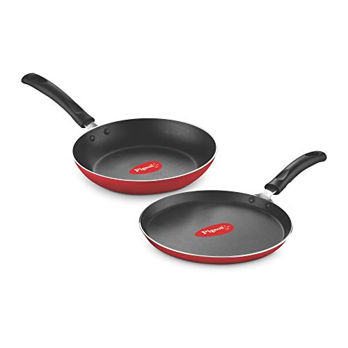 Pigeon Aluminium Nonstick Cookware Duo Pack Flat Tawa 250 and Fry Pan 200 Pans for Frying Gift Set (Red)