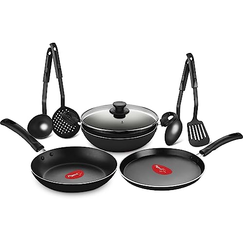 Pigeon Mio Nonstick Aluminium Cookware Gift Set, 8 Pieces (Black, Red), Includes Fry Pan, Tawa, Kitchen Tool Set, Kadai with Glass Lid