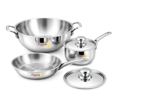 Pigeon Tristeel Triply 5 Pc Stainless Steel Cookware Set - Kadai 20cm with Lid Fry Pan 20Cm Saucepan 16cm with Lid 2pcs Ladle Compatible (5 Years Warranty) ISI Certified.