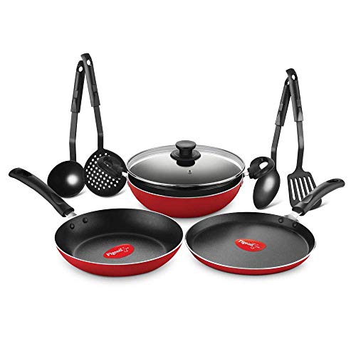 Pigeon Mio Nonstick Aluminium Cookware Gift Set, 8 Pieces, Includes Flat Tawa, Fry Pan, Kadai with Glass Lid, Kitchen Tools, Red, Non Induction Base